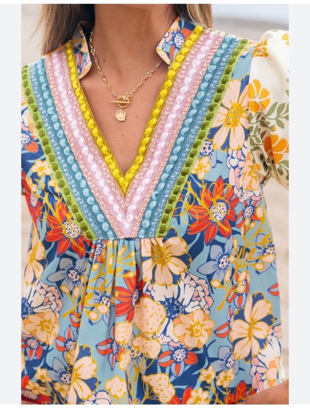 MULTIcolor  crochet v neck half sleeve boho floral blouse XL